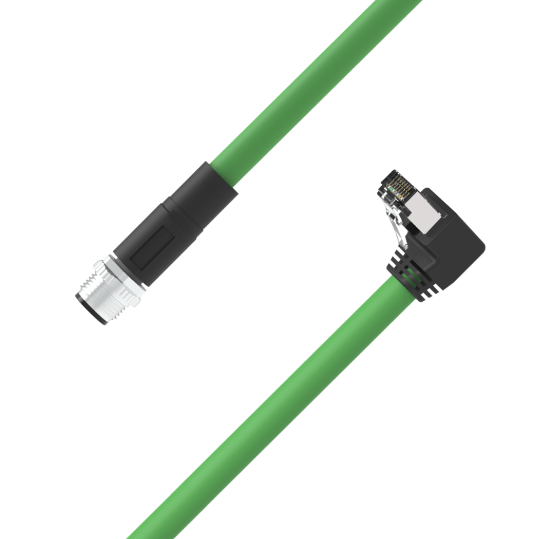 M12 D-coded male to RJ45 down-angle Ethernet cable PUR jacket