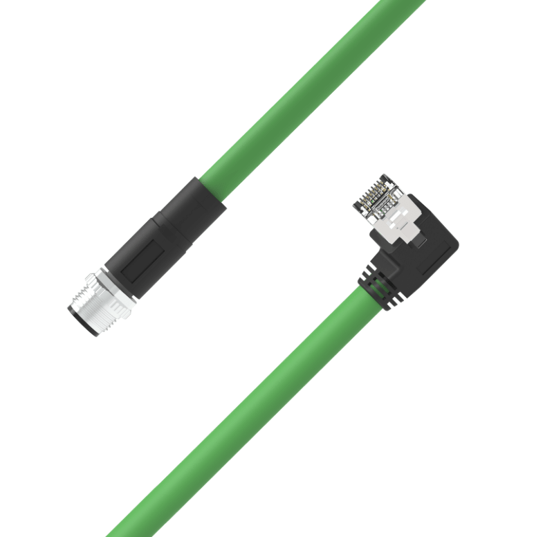 M12 D-coded male to RJ45 left-angle Ethernet cable PUR jacket