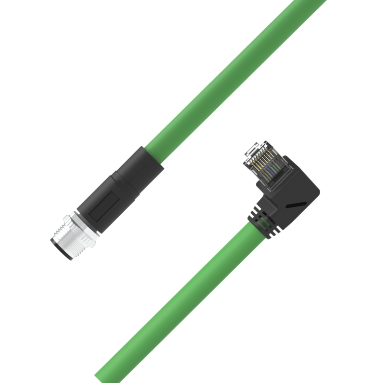 M12 D-coded male to RJ45 right-angle Ethernet cable PUR jacket
