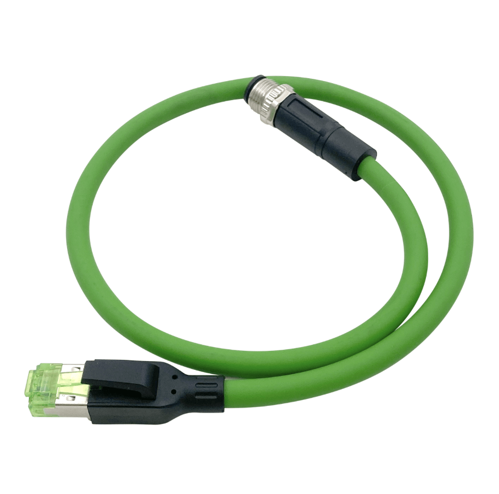 Green Ethernet cable with one end as a USB connector on a white background
