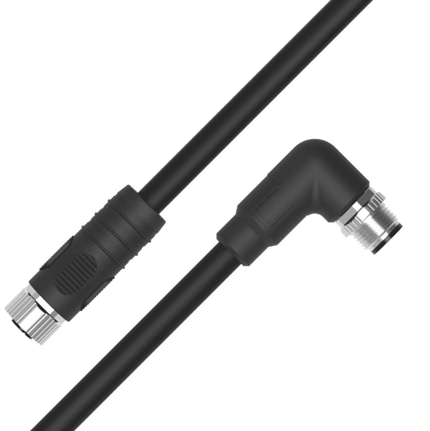 Black coaxial cable with a 90-degree connector on a white background