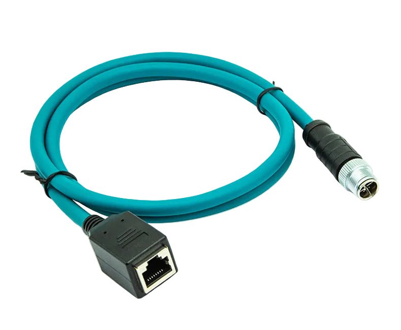 Teal cable with one end having a female connector and the other end having a male connector on a white background.
