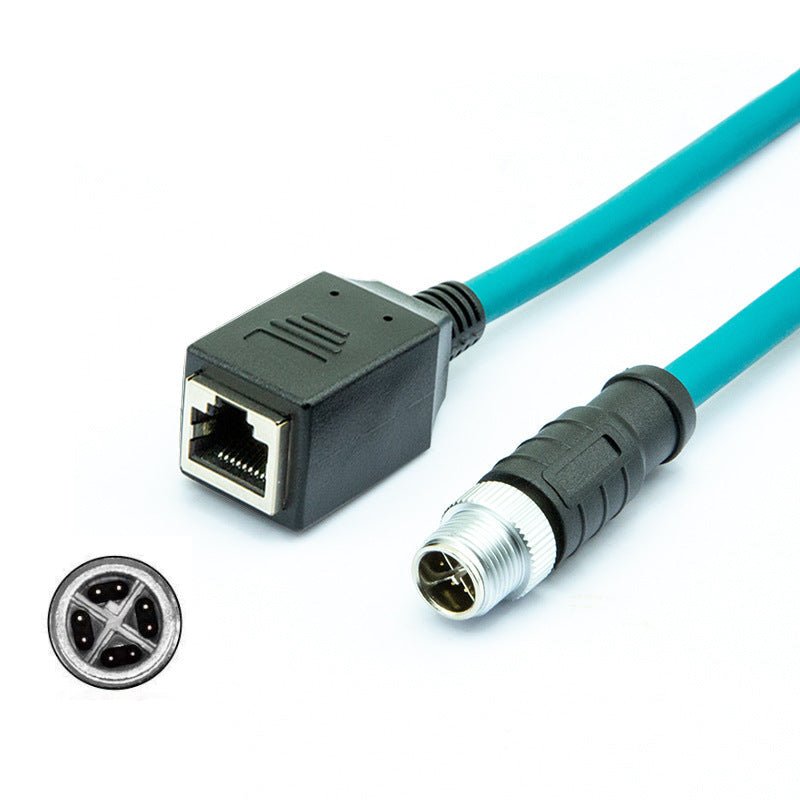 M12 X-coded 8-pin male to RJ45 female industrial ethernet cable turquoise jacket