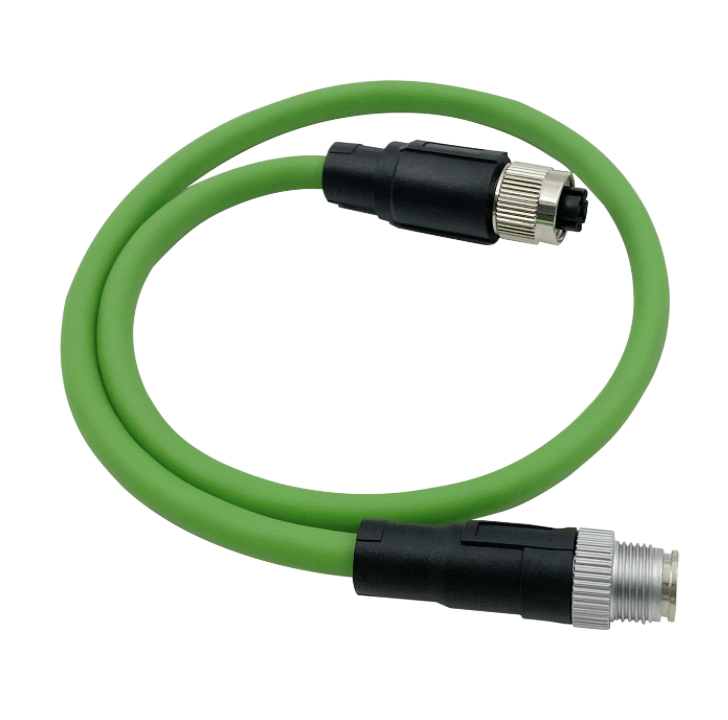 Green cable with black connectors on a white background