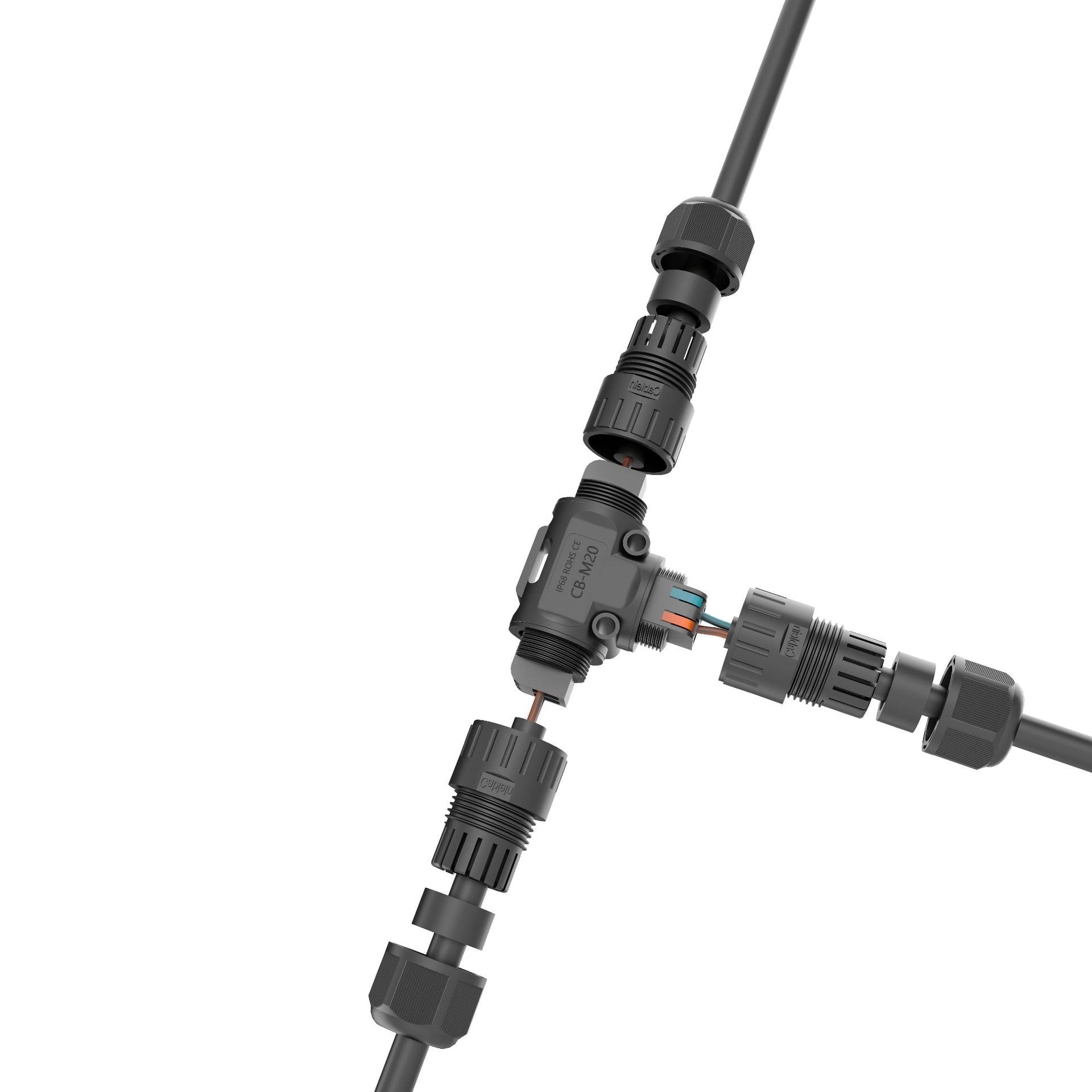 Close-up of a black cable connector on a white background