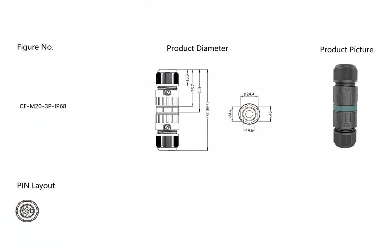 Technical diagram of a product with dimensions and pin layout on a white background