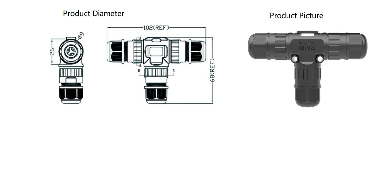 Technical diagram of a product with dimensions, pin layout, and a product picture on a white background.