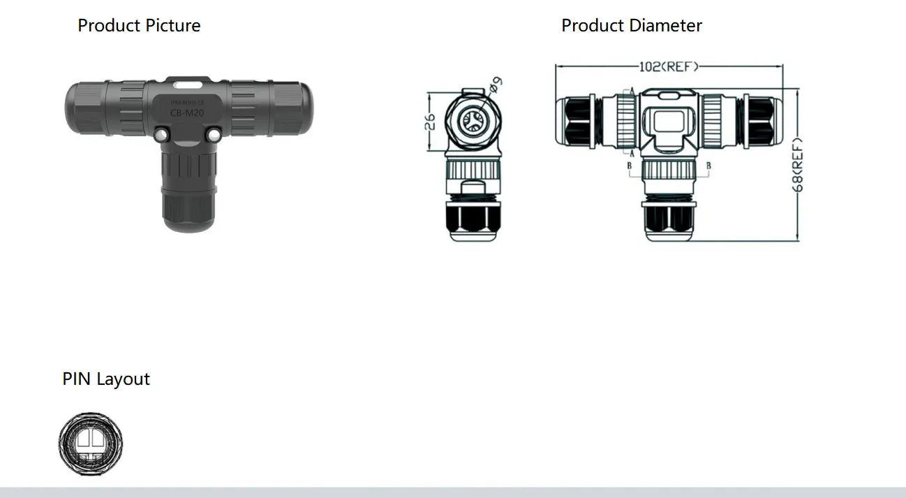 Technical diagram of a black mechanical component with product diameter and pin layout labels.