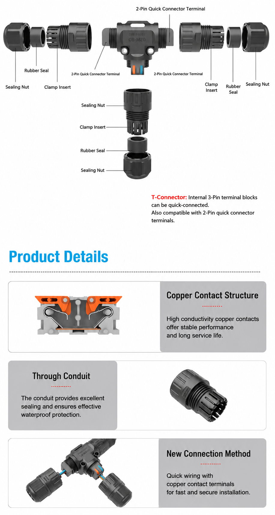 Technical diagram of a quick connector terminal with labeled parts and product details.