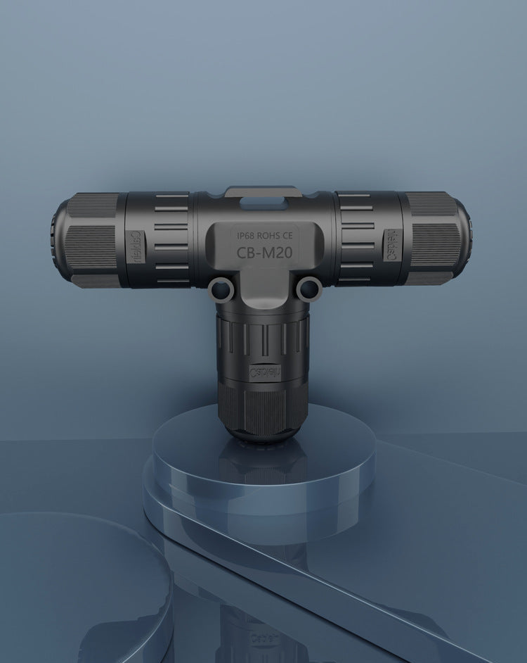 T-shaped three-way valve on a blue background with text
