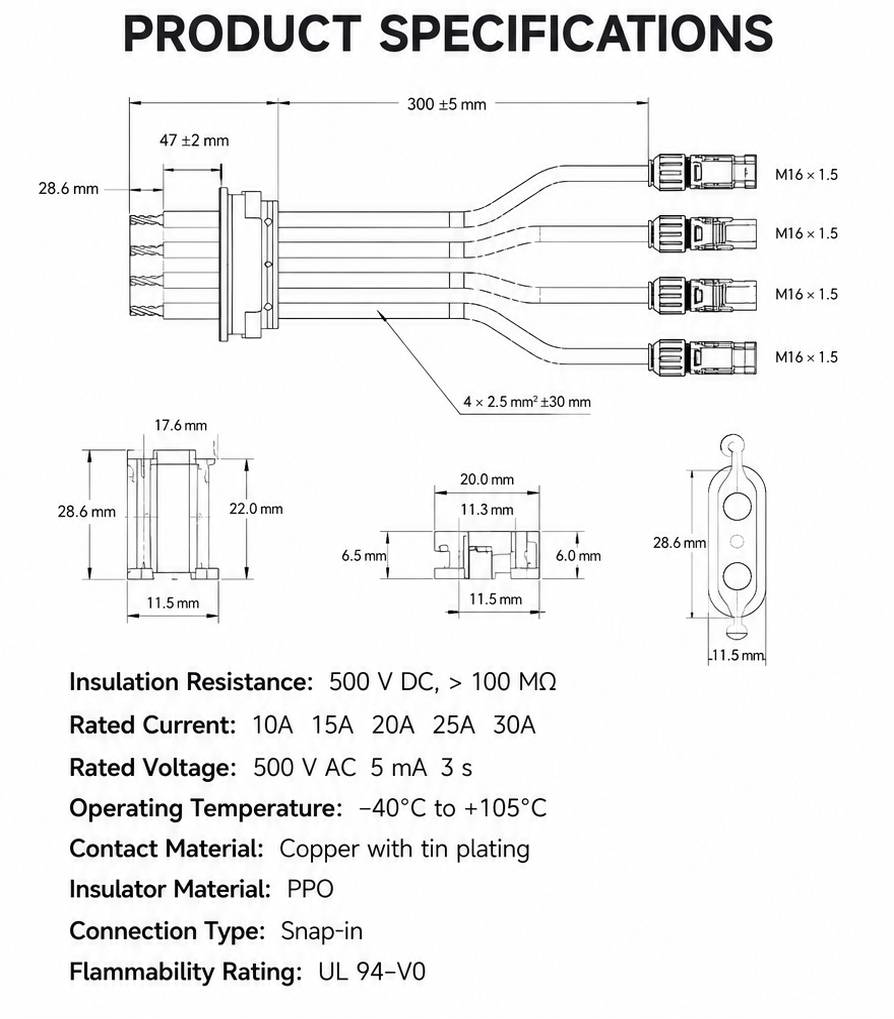 Product specifications of underwater cable connectors with water splash background