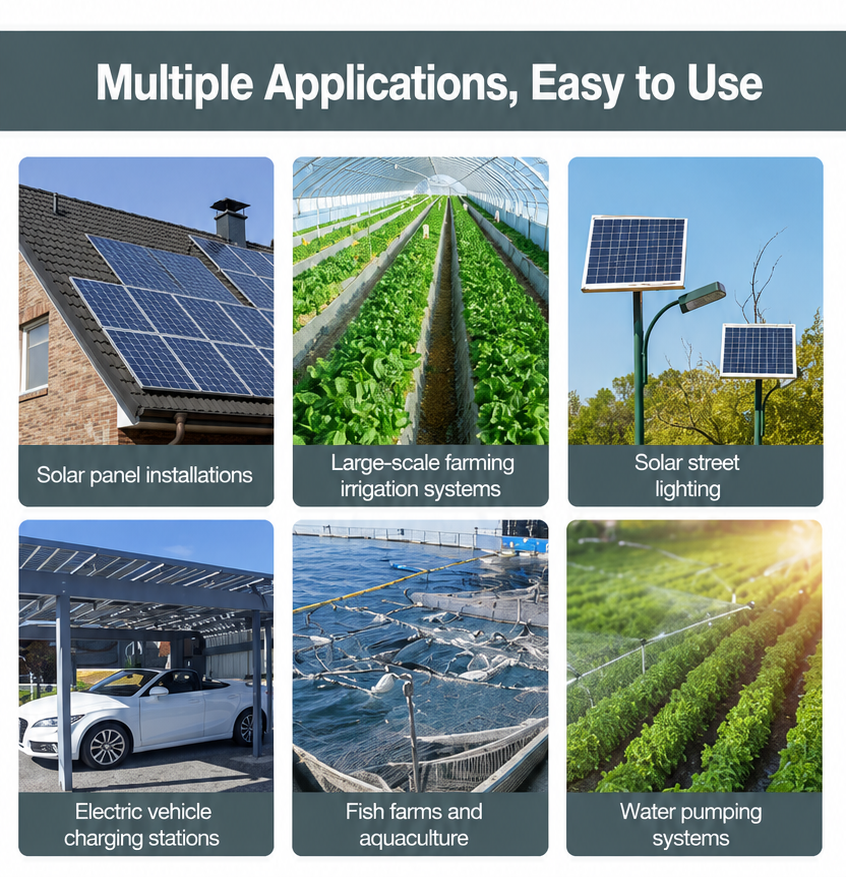 Technical specifications and multiple application images of a solar panel system.
