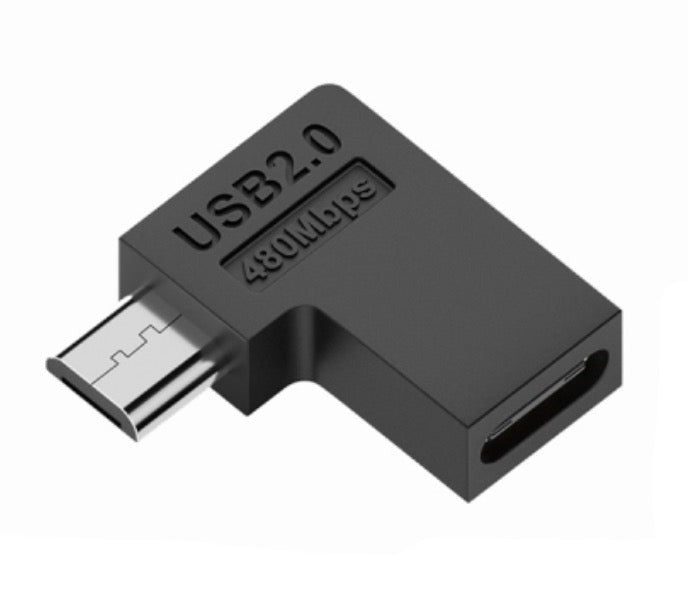 Micro USB 5 pin male to USB C female right angle charging and data adapter