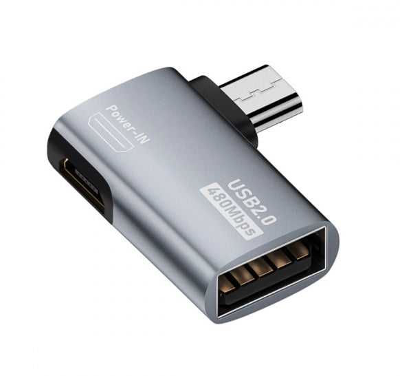 A gray OTG adapter with a micro USB left-angle male to USB-A 2.0 female connection.