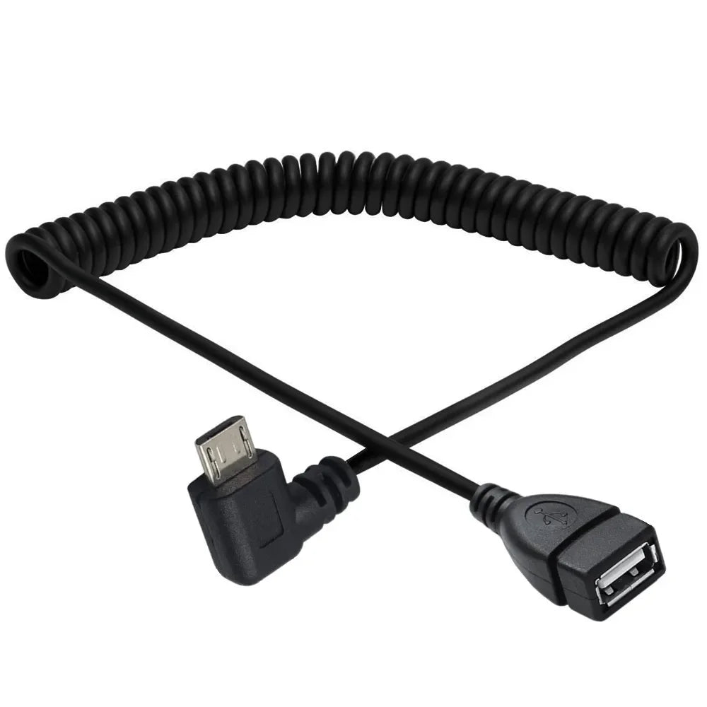 Micro 5Pin Male to USB 2.0 A Female Coiled Extension Cable | Right Angle
