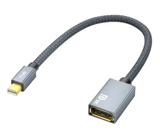 A gray Mini DisplayPort 1.4 to DisplayPort female extension cable with high-quality alloy housing.