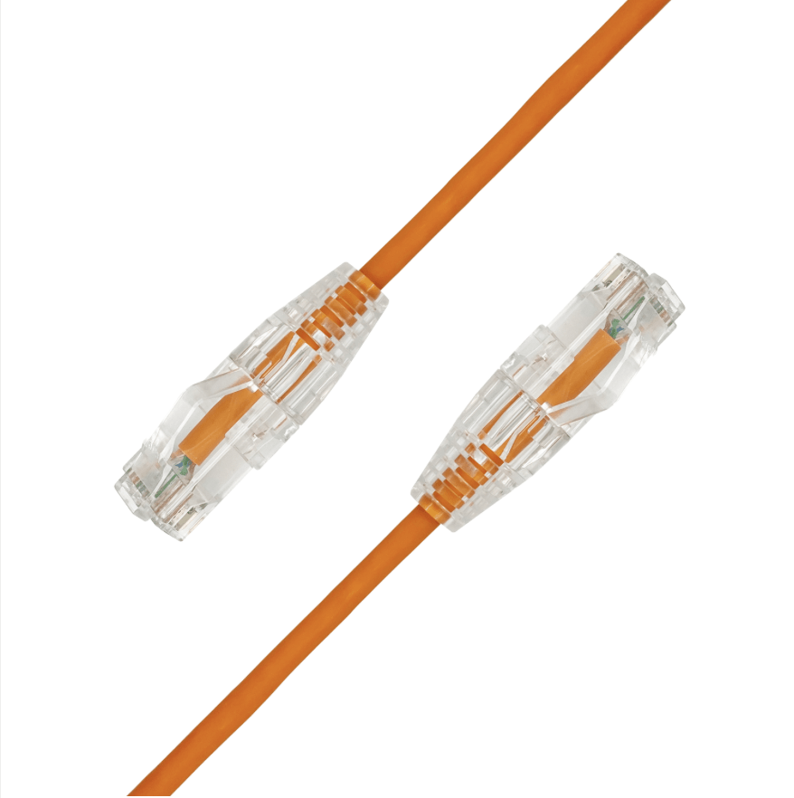 Orange Ethernet cable with clear connectors on a white background
