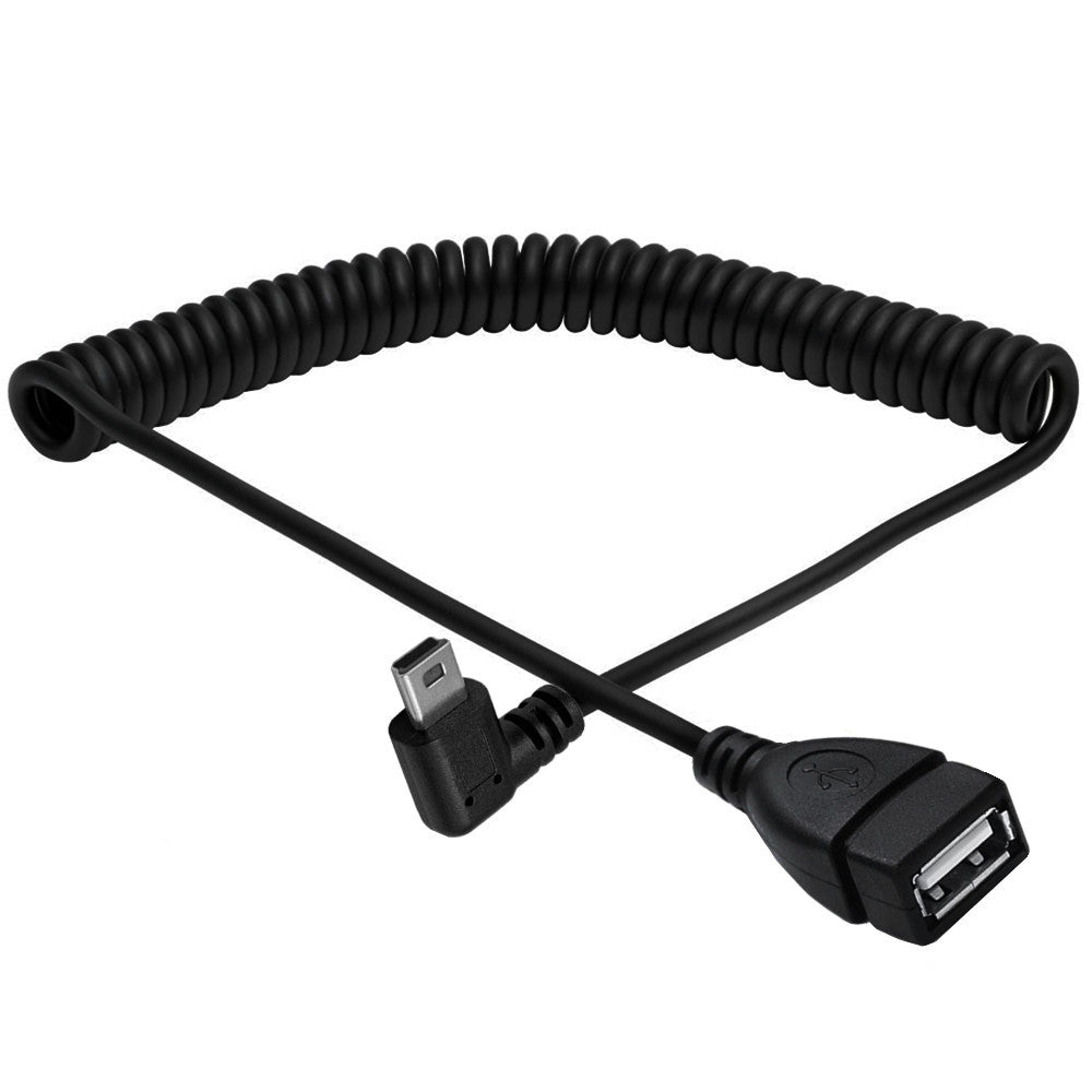 Mini 5Pin Male to USB 2.0 Type A Female OTG Coiled Extension Cable | Right Angle