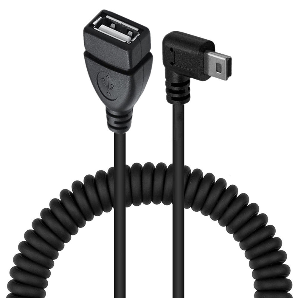 Mini 5Pin Male to USB 2.0 Type A Female OTG Coiled Extension Cable | Right Angle