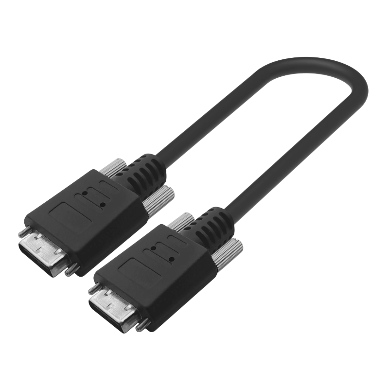 Black cable with two connectors on a white background