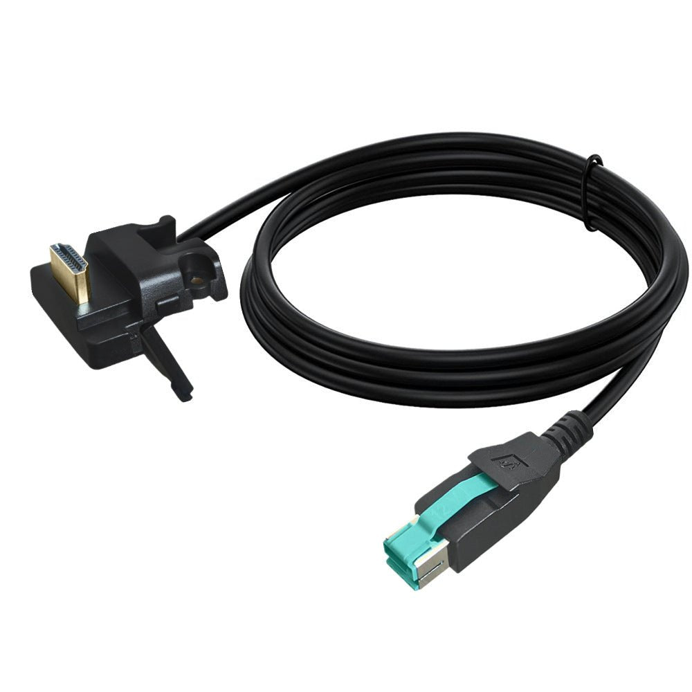 Black cable with plug and USB connector on a white background