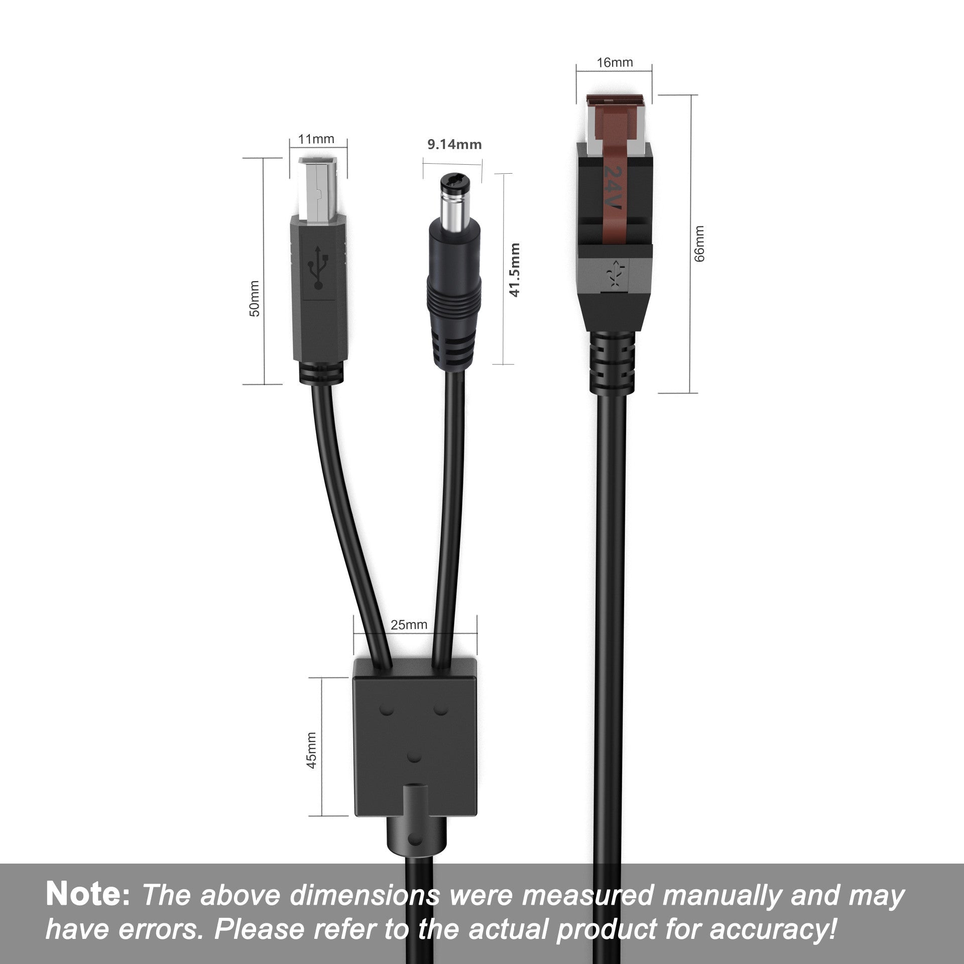 Black cable with connectors and measurements on a white background