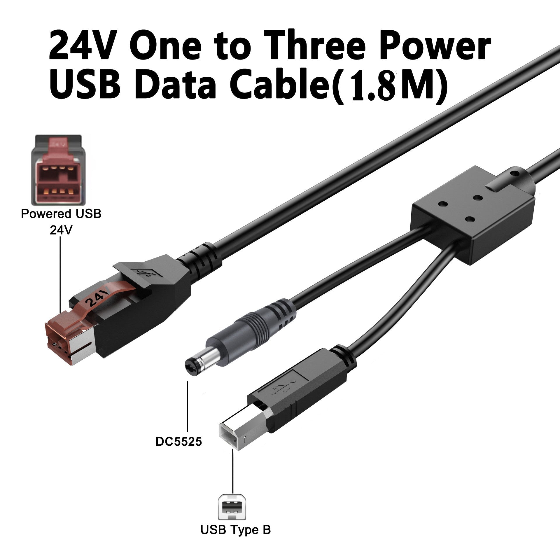 24V One to Three Power USB Data Cable with labeled connectors on a white background
