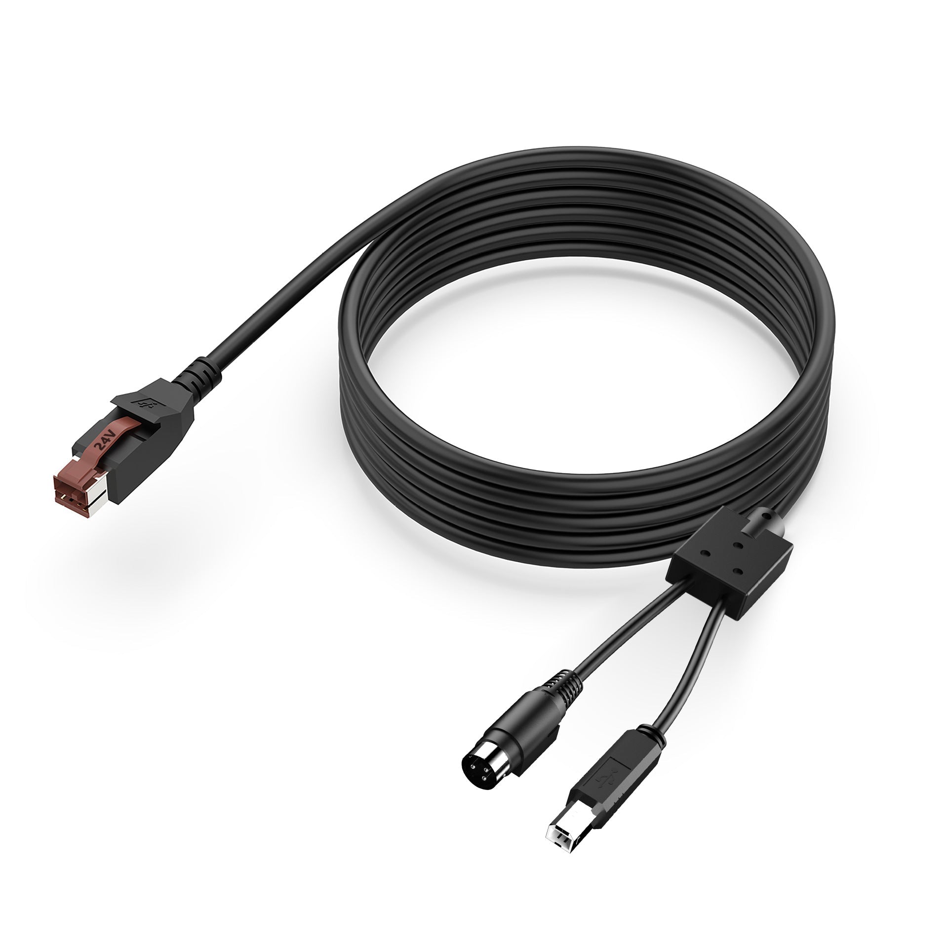 Coiled black USB cable with various connectors on a white background