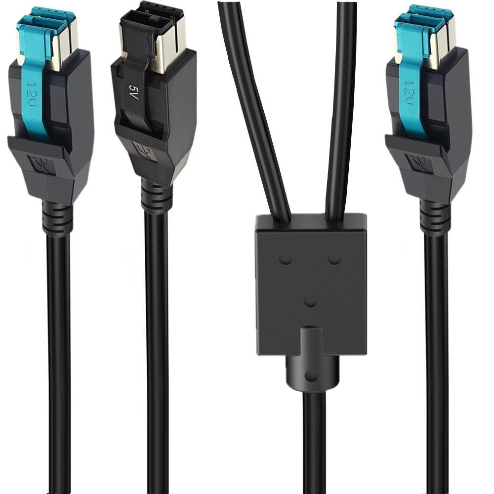 Black HDMI cable with blue connectors on a white background