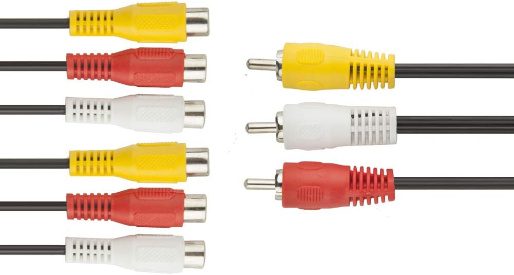 Close-up view of red white and yellow RCA connectors on composite AV splitter cable