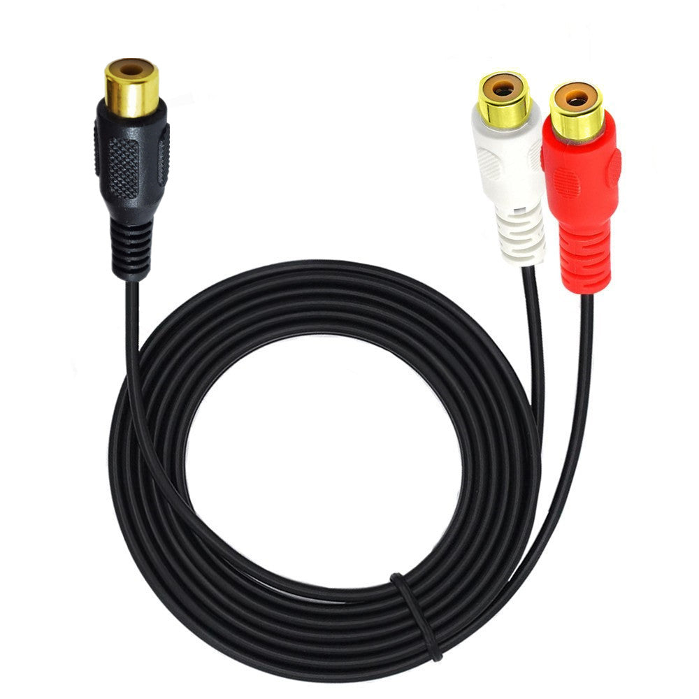 RCA female to dual RCA female audio splitter cable connected to a home Hi-Fi audio system