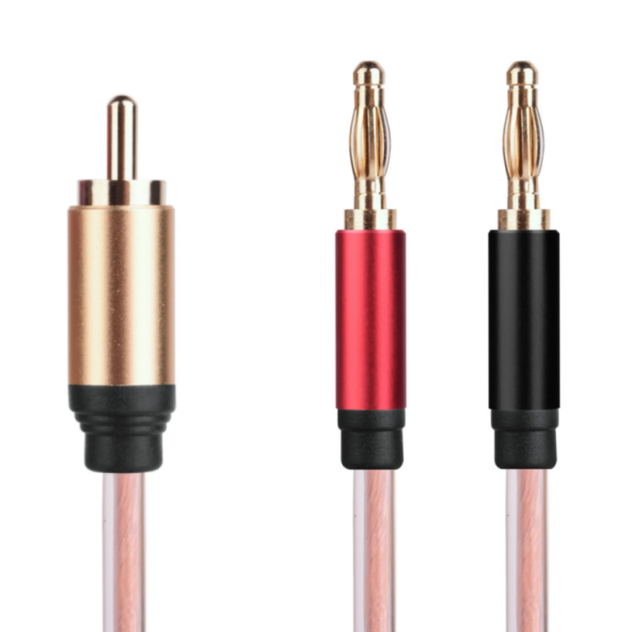 RCA male to dual banana plug speaker cable with gold plated connectors and 16AWG oxygen free copper conductors