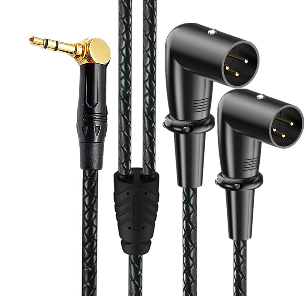 right angle 3.5mm TRS male to dual right angle XLR male Y splitter cable