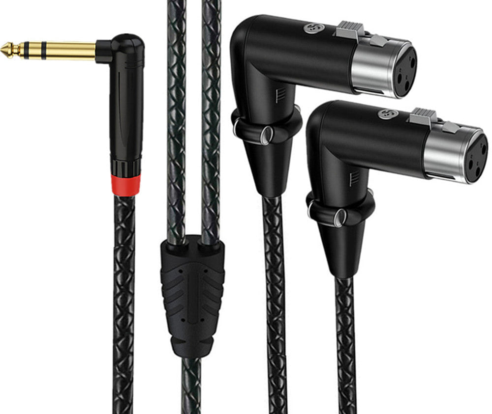 Right-angle 6.35mm TRS stereo male to dual right-angle XLR female audio breakout cable