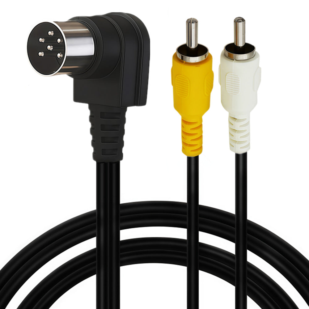 Close-up of right-angle 6-pin DIN plug with yellow and white RCA connectors