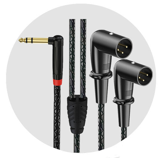 Right-angle 6.35mm TRS plug with two right-angle 3-pin XLR male connectors
