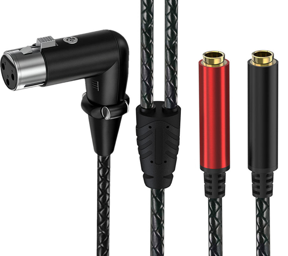 Right-angle 3-pin XLR female to dual 6.35mm TRS female audio splitter cable