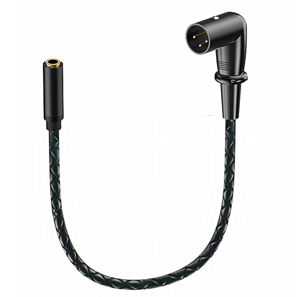 Close-up of right angle XLR male connector with gold plated pins