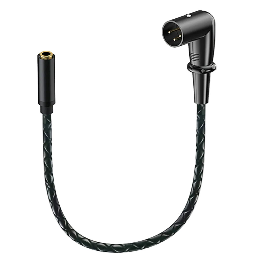 Close-up of right angle XLR male connector with gold plated pins