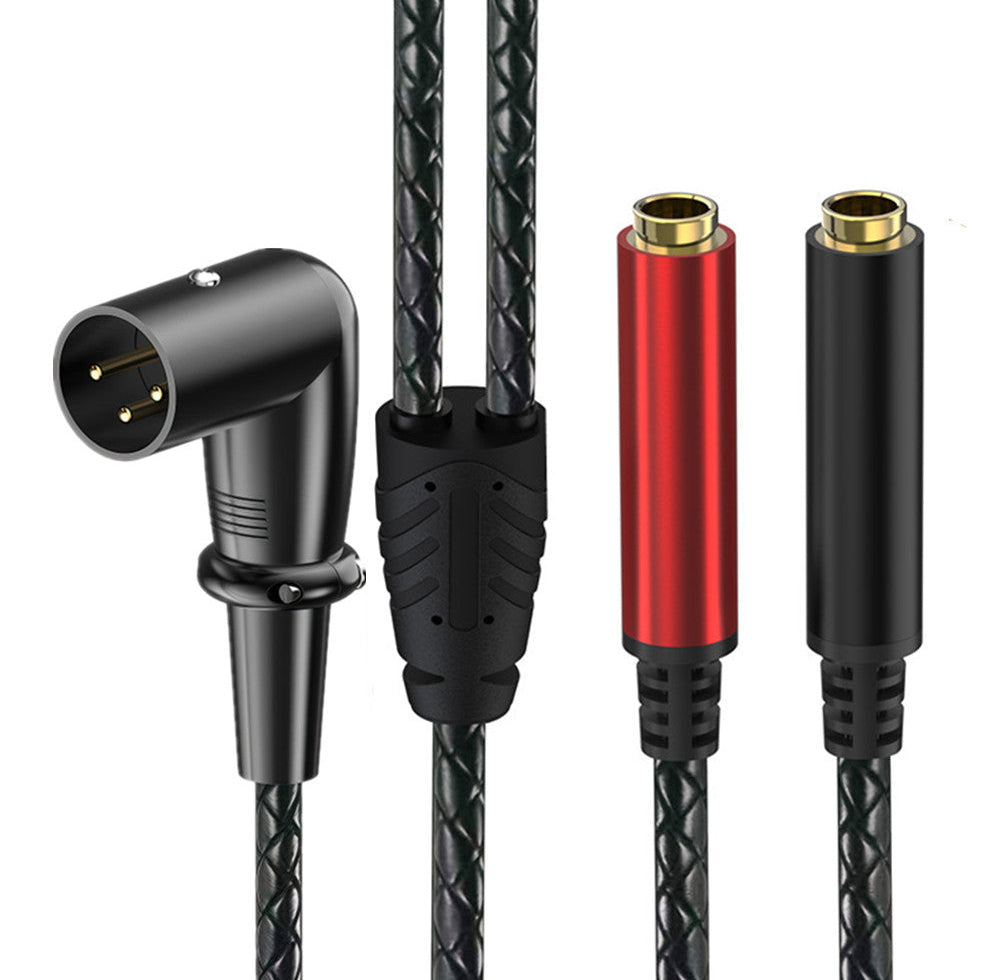 Right-angle 3-pin XLR male to dual 6.35mm female audio splitter cable