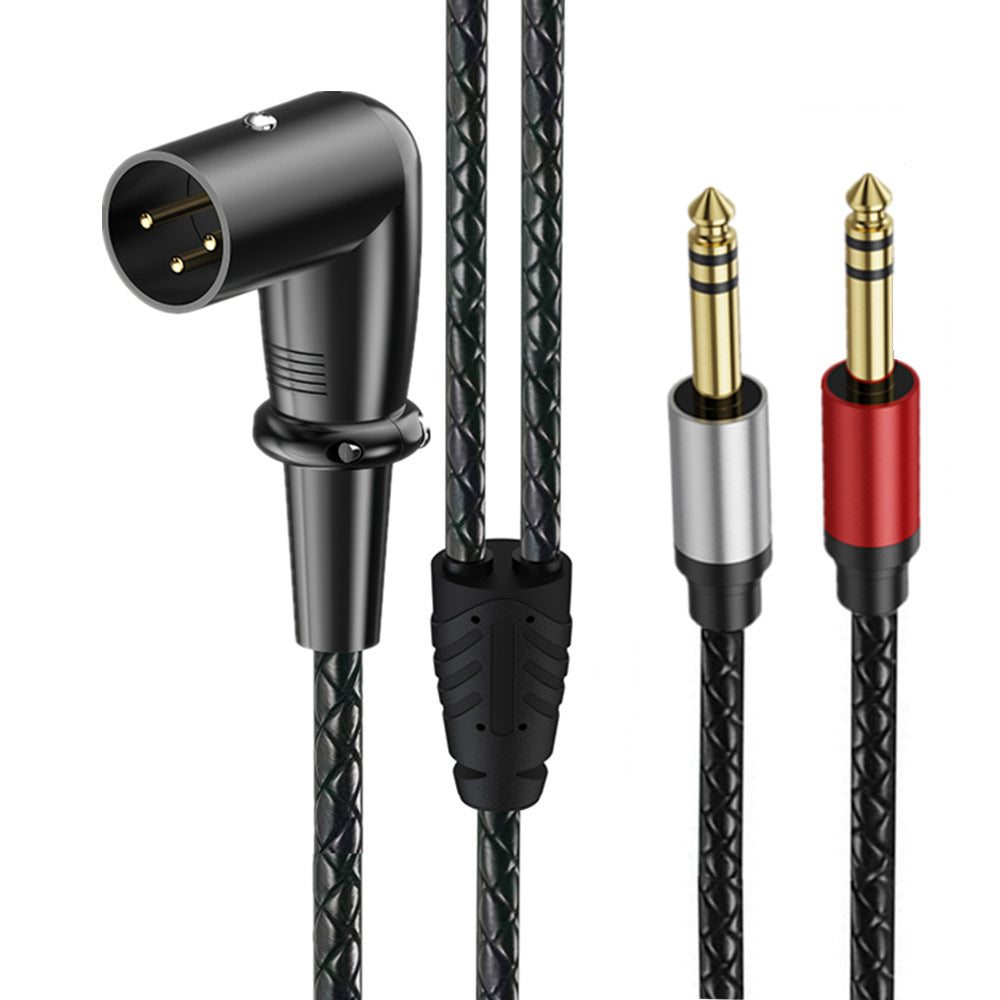 Right-angle 3-pin XLR male to dual straight 6.35mm TRS male audio cable