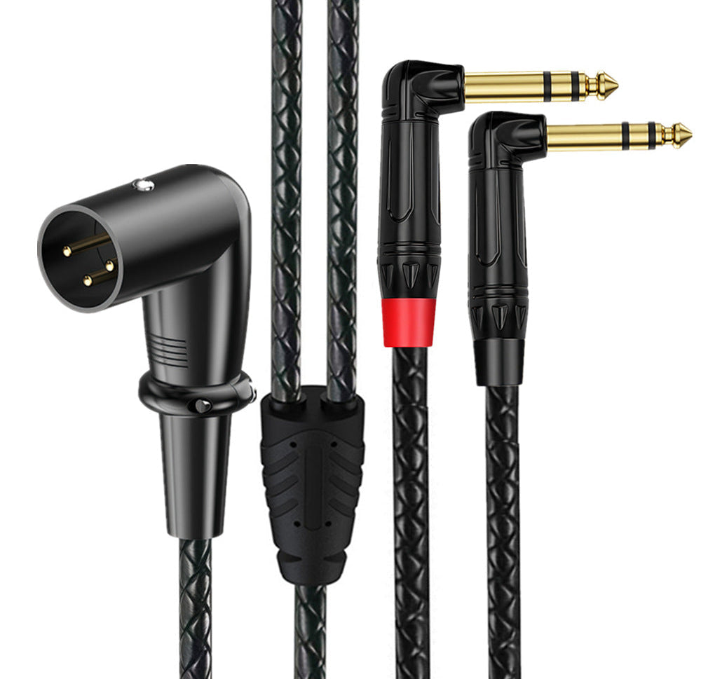Right angle XLR male to dual 6.35mm TRS male audio splitter cable