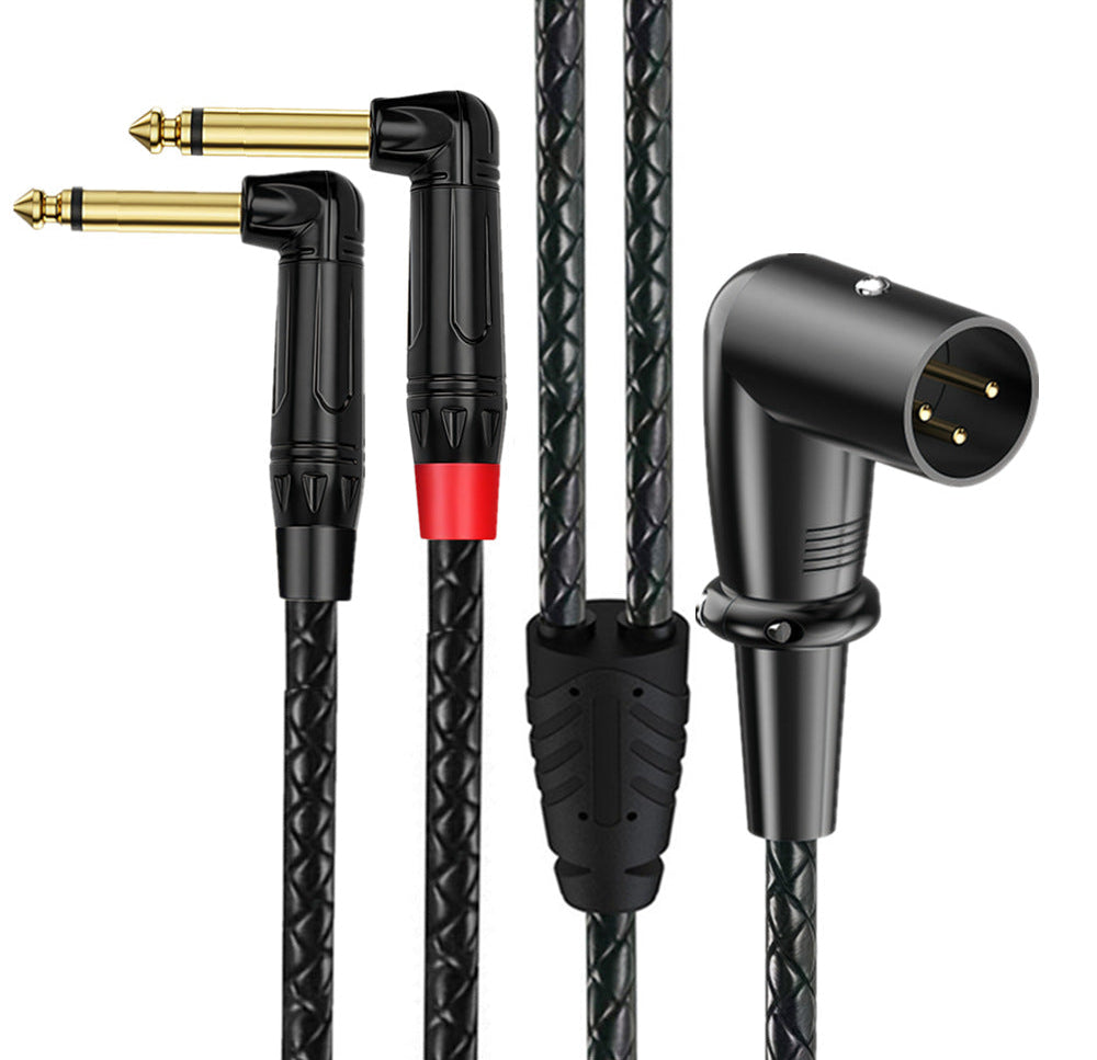 Right-angle 3-pin XLR male to dual 6.35mm TS mono male audio splitter cable