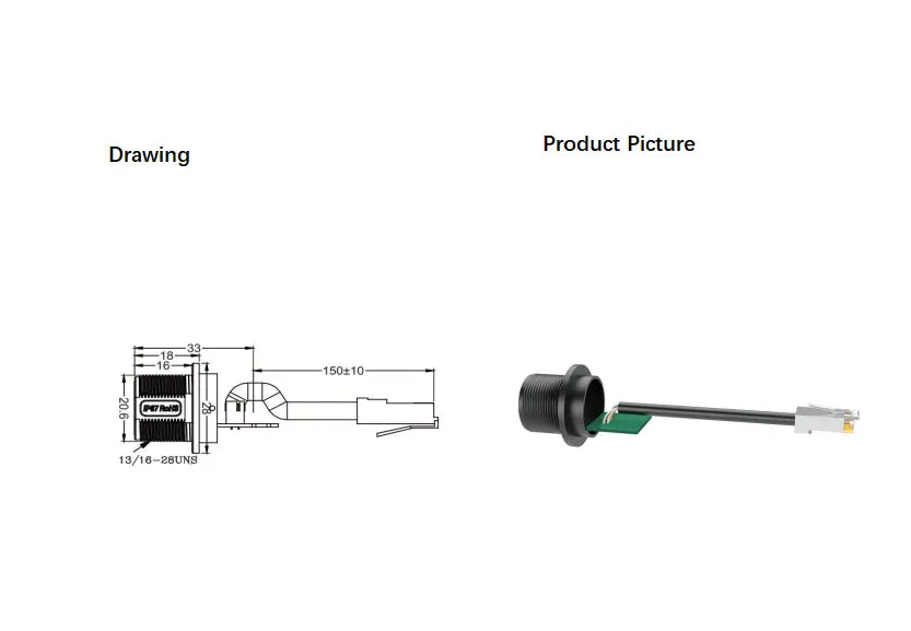Technical diagram and product picture of a cable connector with specifications.