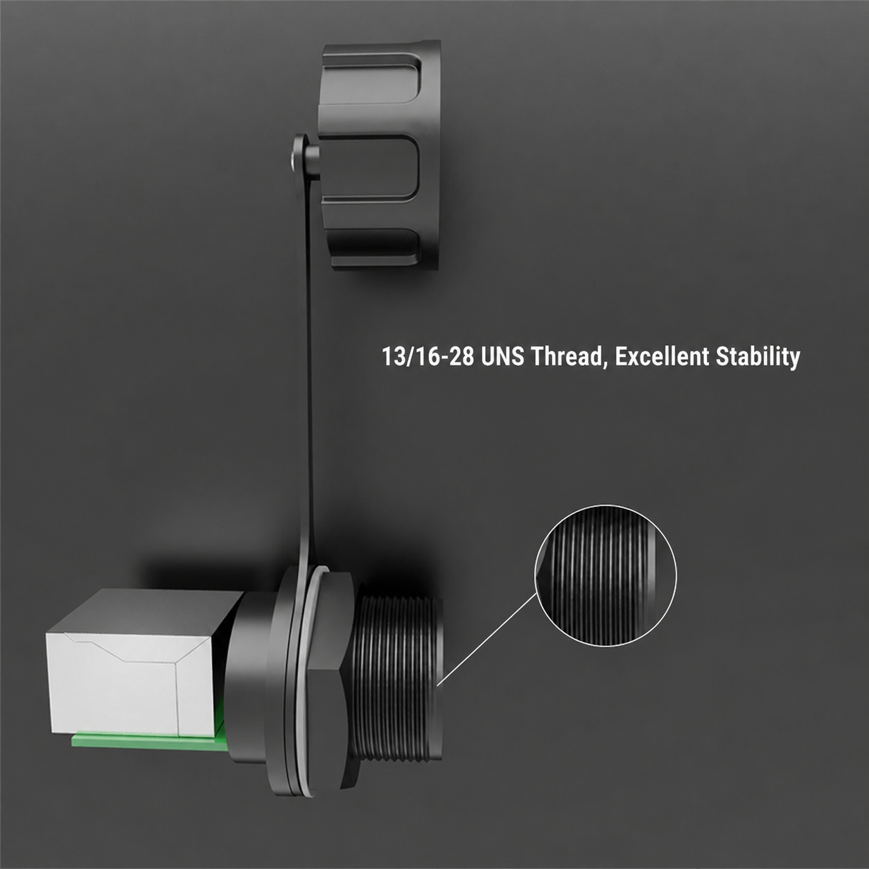 Mechanical component with thread detail on a dark background