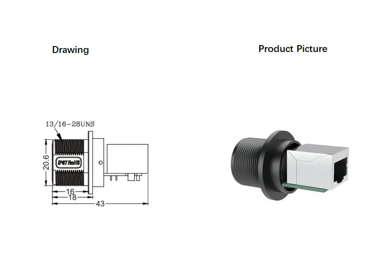 Comparison of a technical drawing and a product picture of a USB connector.