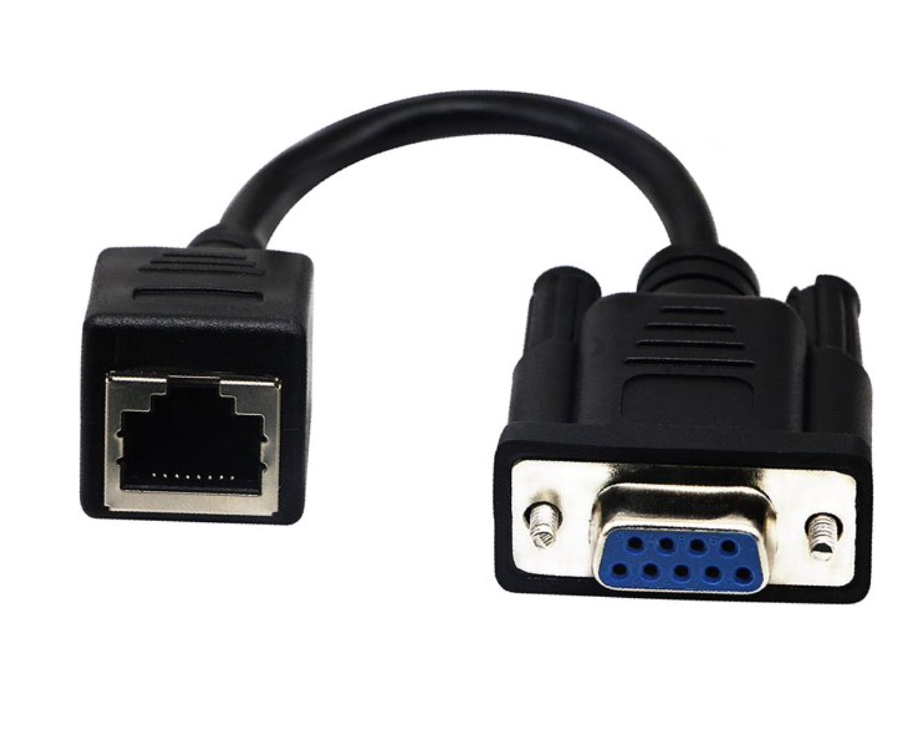 DB9 serial female to RJ45 female adapter cable showing complete converter assembly