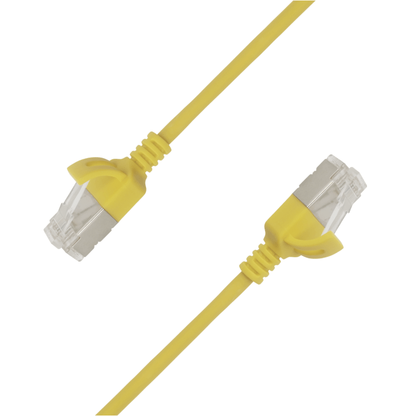 Yellow SlimPro CAT6A U/FTP 32AWG patch cable with molded boot, RJ45 to RJ45