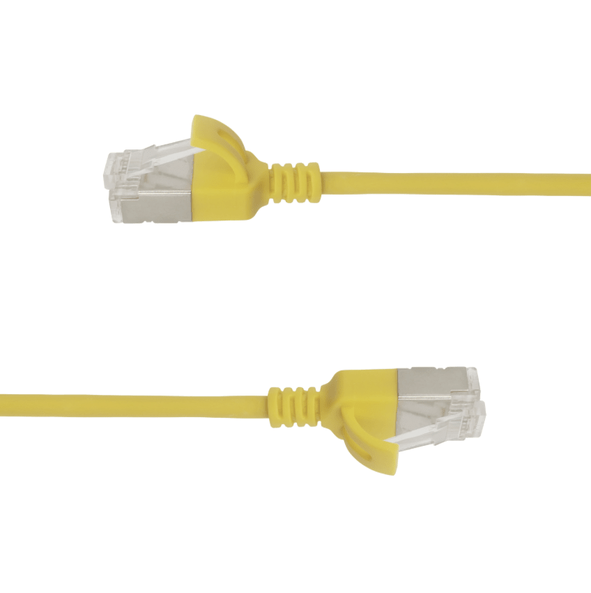Yellow Ethernet cable with clear connectors on a white background