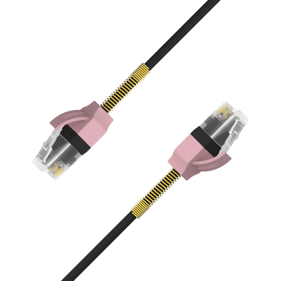 Spring-protected Cat6A slim 30AWG Ethernet patch cable with strain relief boots